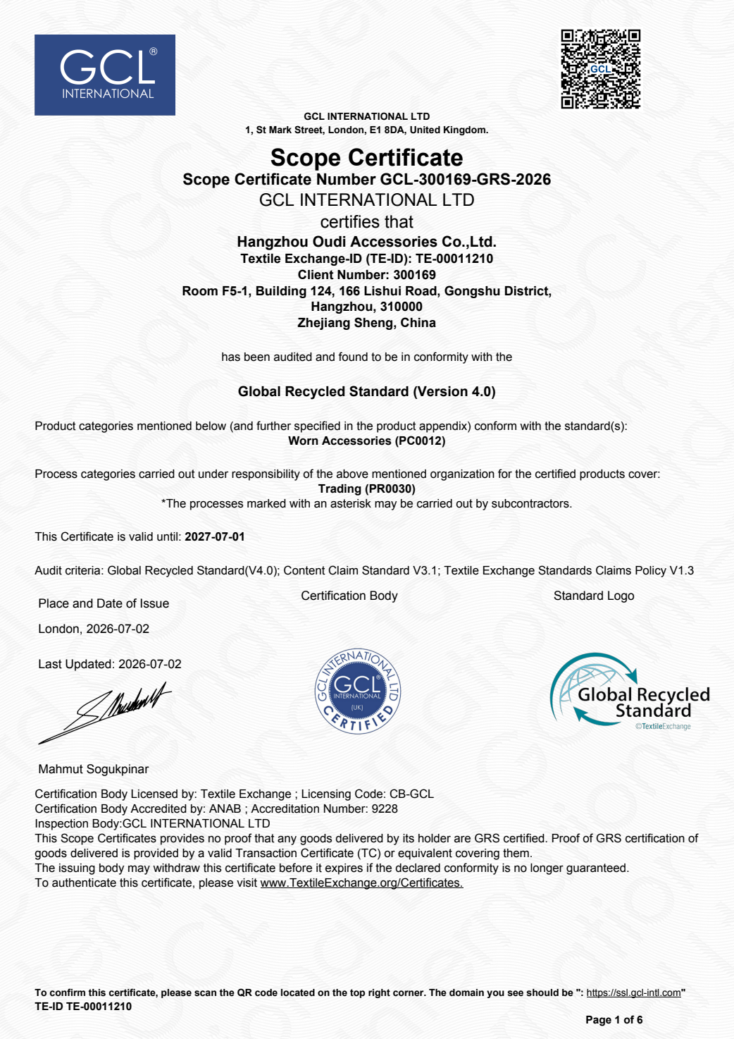 First page of Oudi GRS scope certificate GCL-300169-GRS-2026