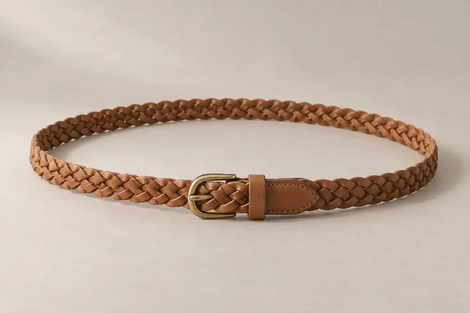 Tan braided belt with small brass-tone buckle