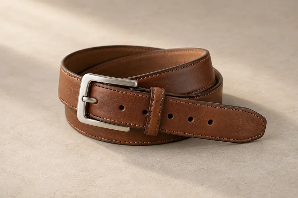 Brown belt with silver-tone rectangular buckle