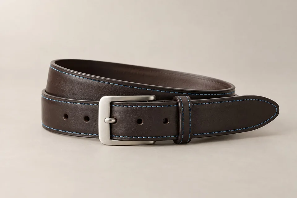 Dark brown belt with blue edge stitching