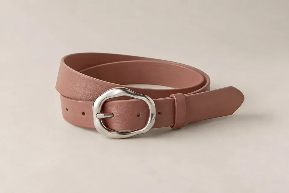 Clay-coloured belt style concept with an organic metal buckle