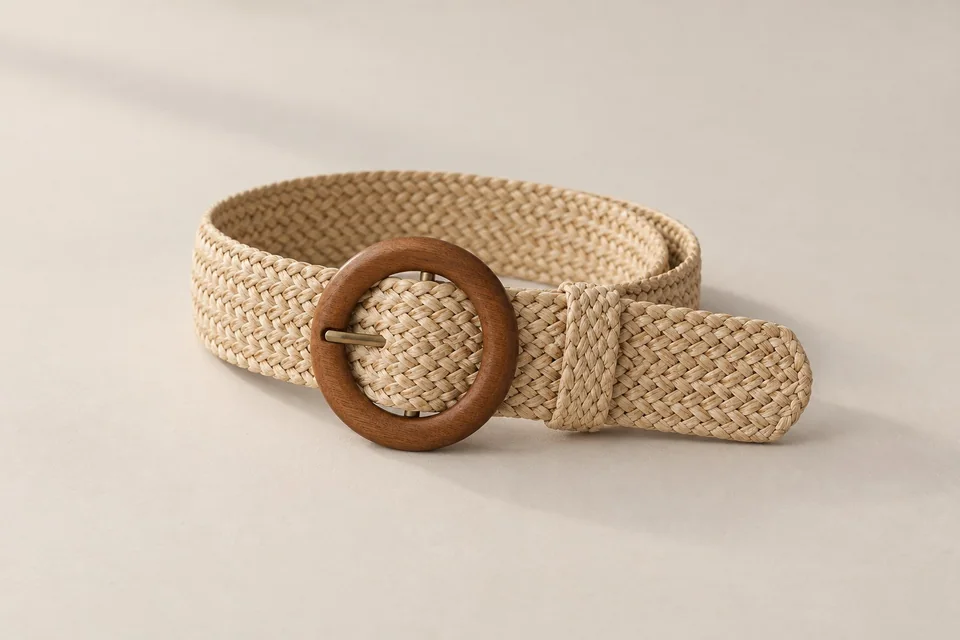 Natural-tone woven belt with round brown buckle