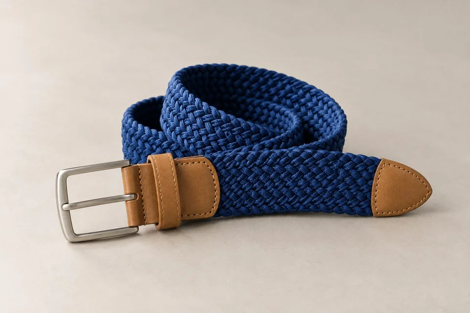 Cobalt blue woven belt with tan end details