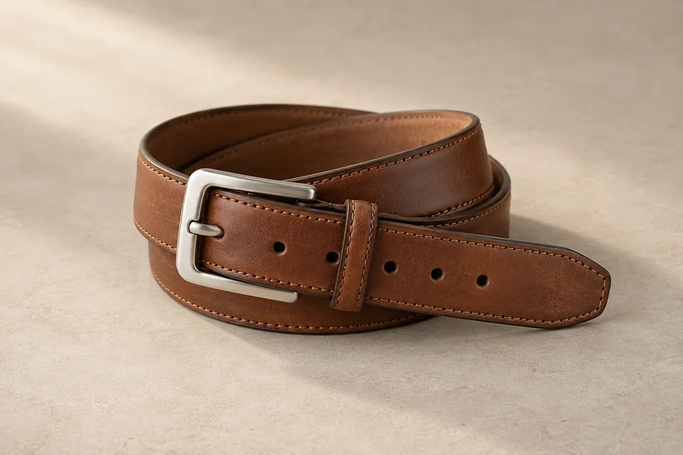 Brown leather belt with a silver buckle