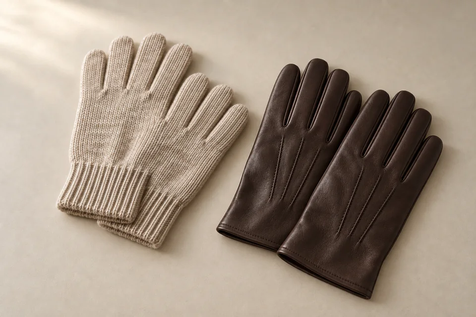 Genuine sheepskin leather gloves and knitted gloves