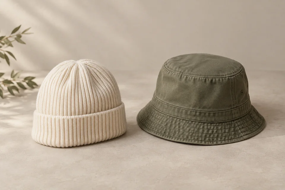 Illustrative rib-knit beanie and bucket hat