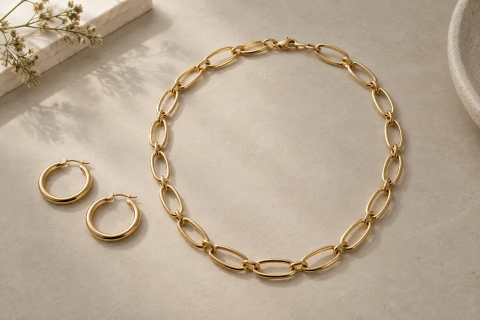 Gold-tone necklace and hoop earrings