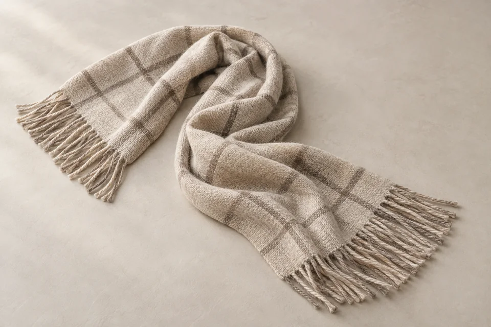 Woven scarf with a checked pattern and soft fringe