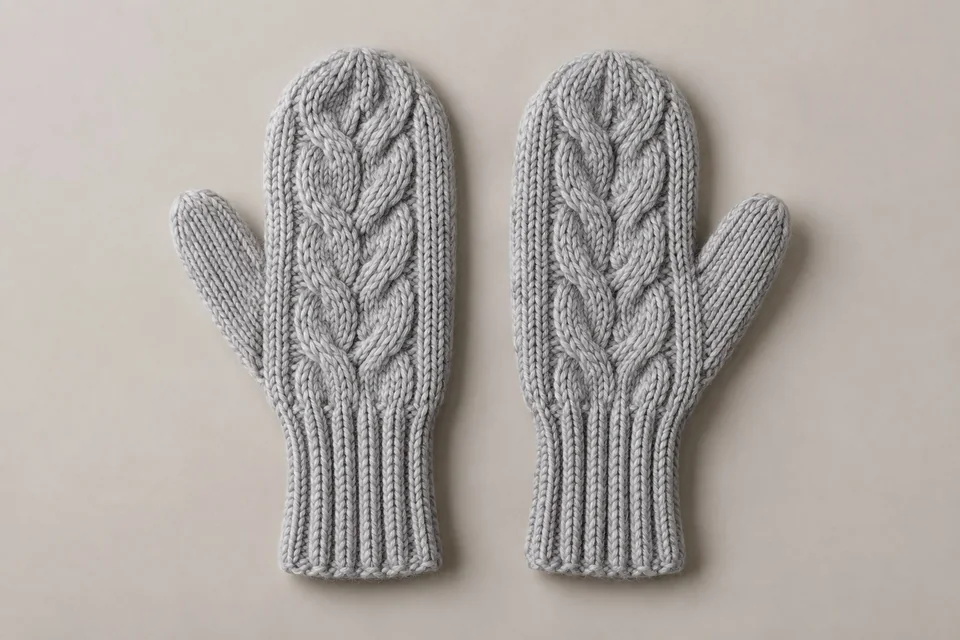 Pearl-gray cable-knit mitten pair