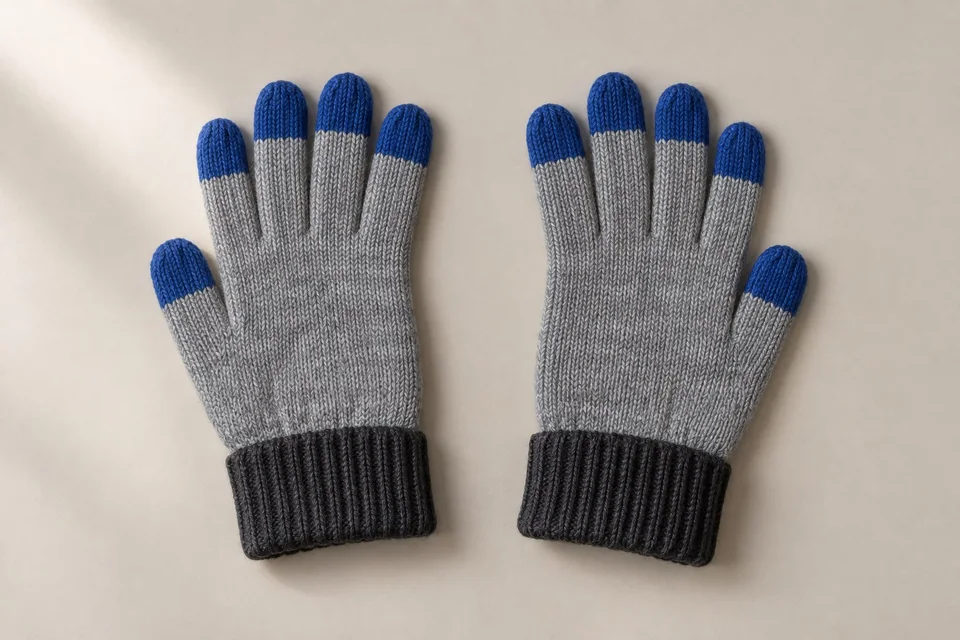 Gray and cobalt blue colour-block knit gloves