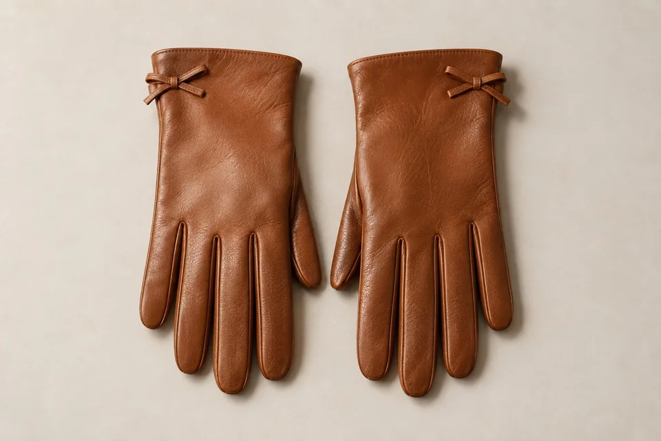Cognac sheepskin gloves with small wrist bows
