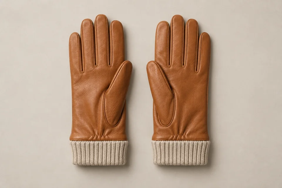 Tan sheepskin gloves with knitted cuff detail