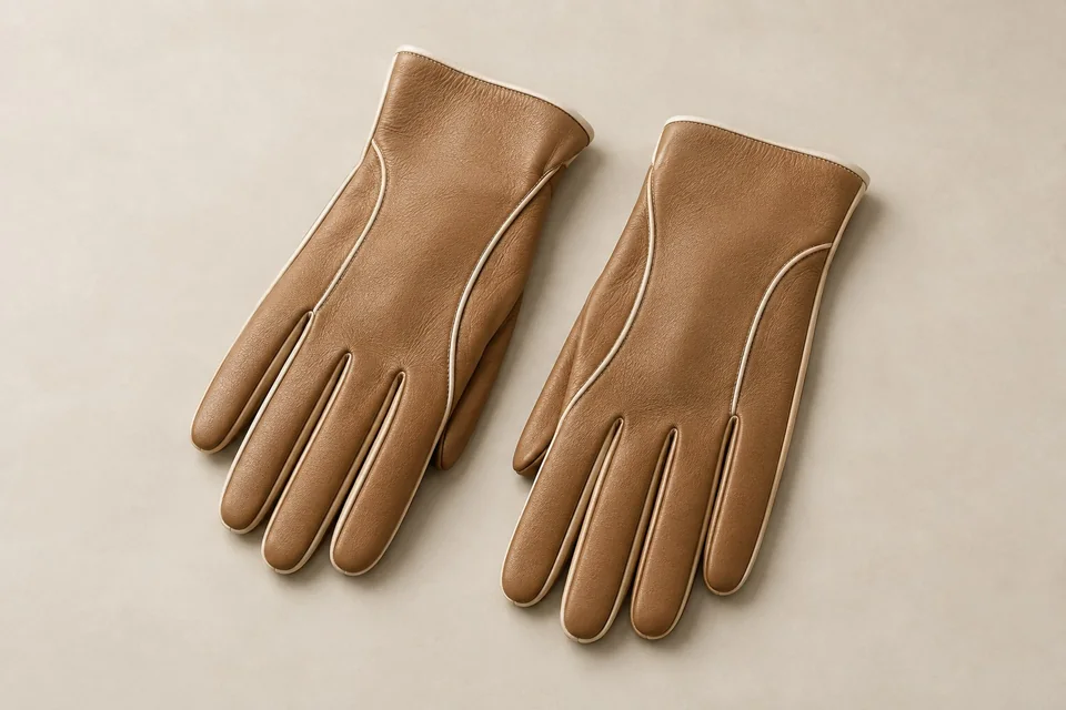 Camel sheepskin gloves with cream piping