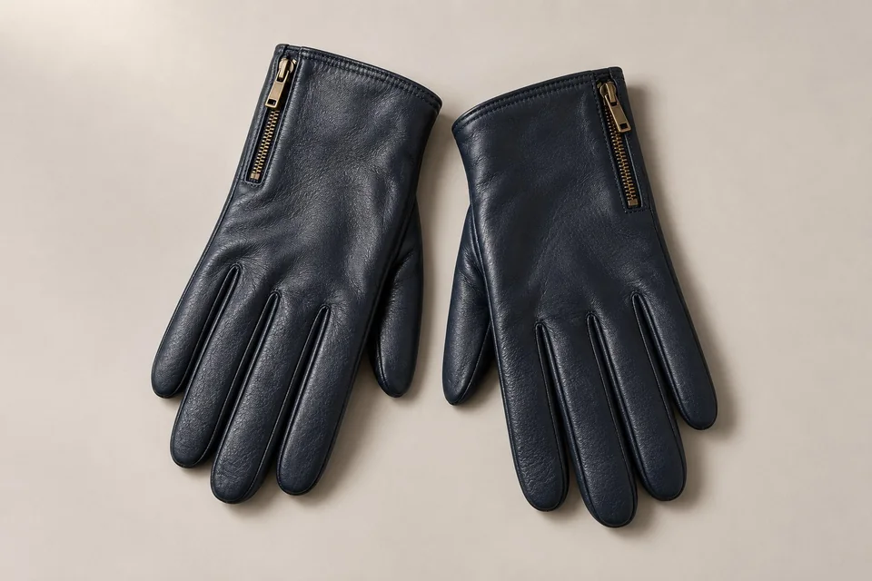 Blue-black sheepskin gloves with cuff zips