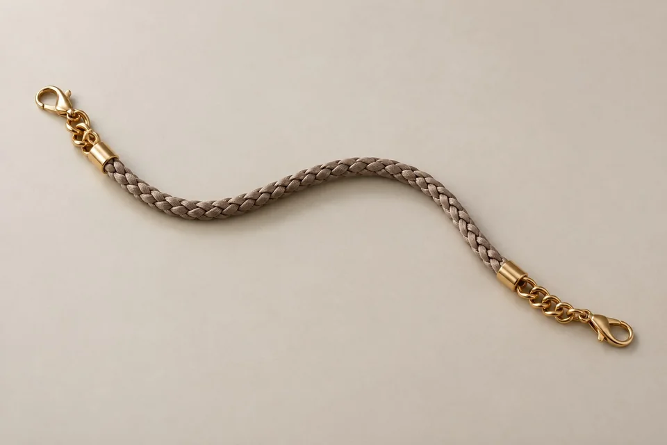Taupe cord accessory chain with gold-tone links
