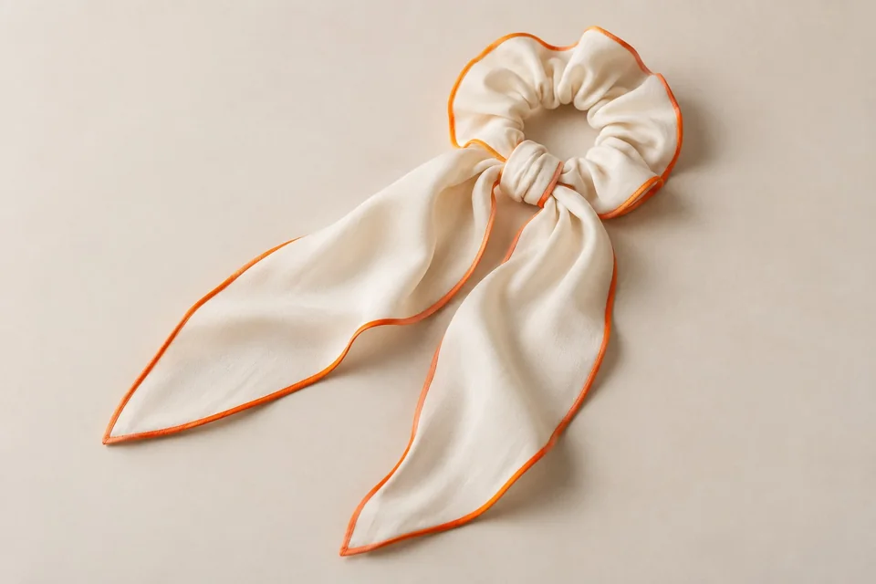 Ivory hair tie with orange-edged ribbon tails