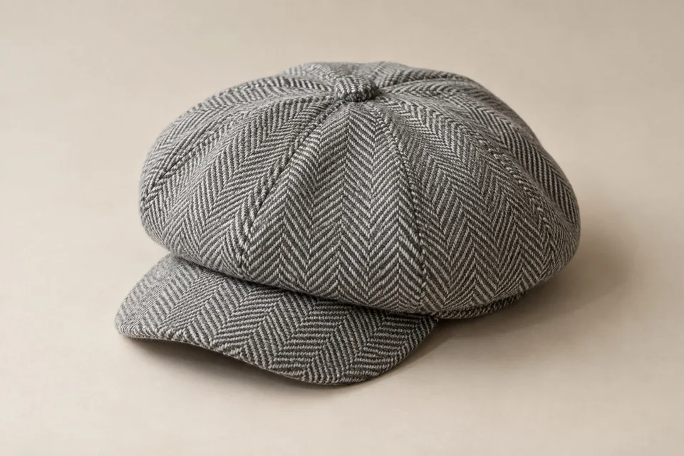 Gray herringbone baker boy cap