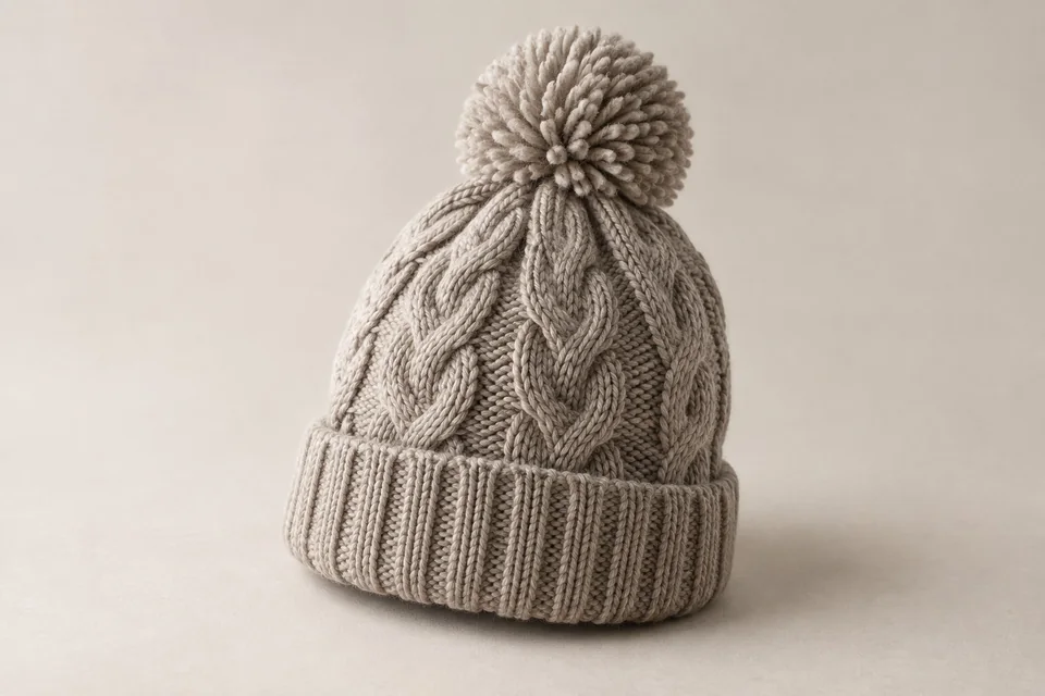 Gray-beige cable-knit beanie with yarn pom