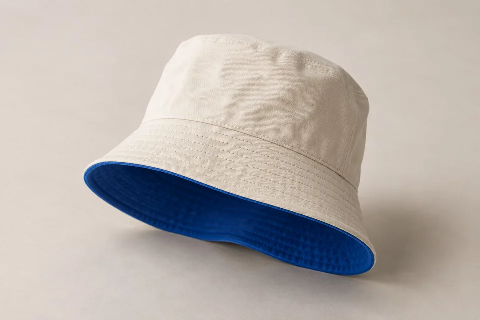 Cream bucket hat with luminous cobalt blue underbrim