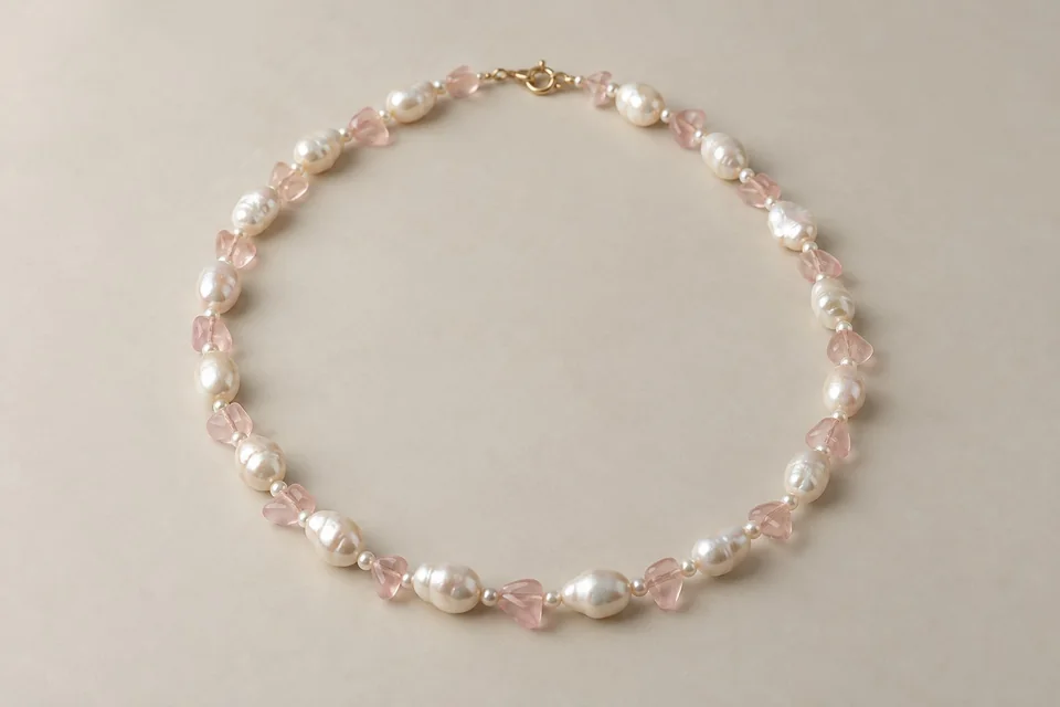 Ivory and pale pink petal bead necklace