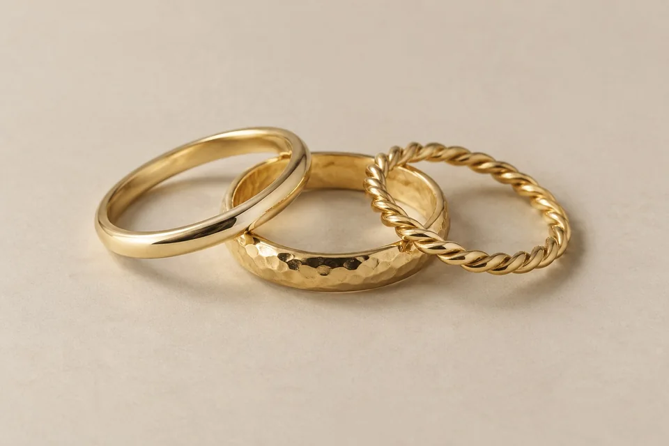 Set of three gold-tone textured rings