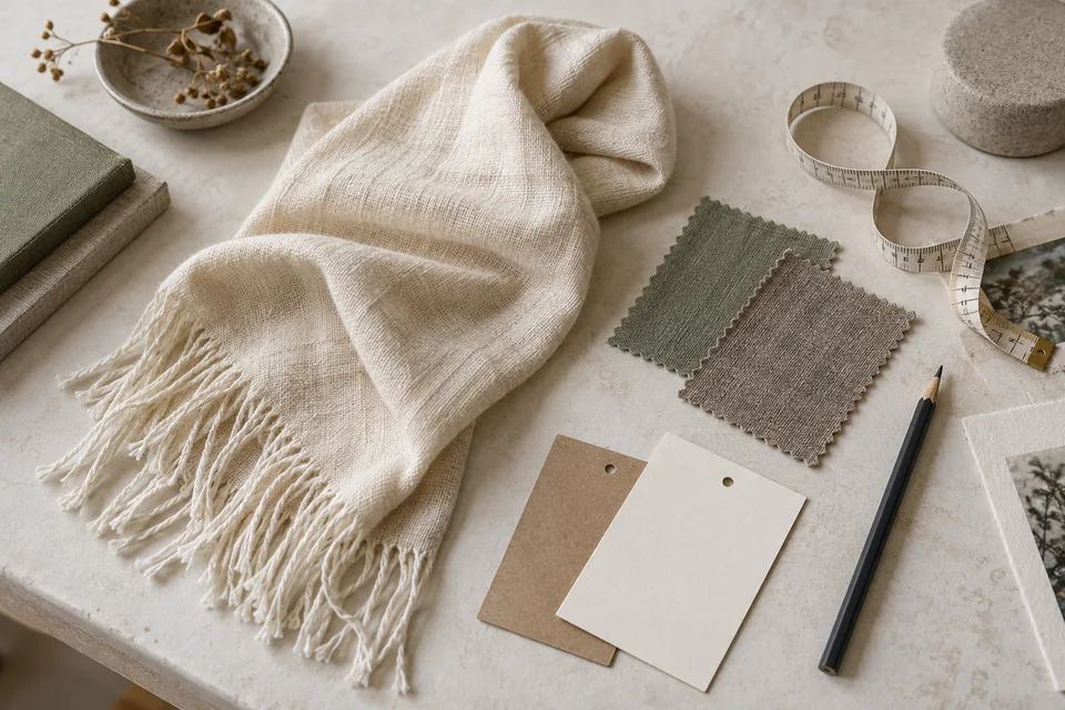 Scarf sample, fabric swatches and design materials