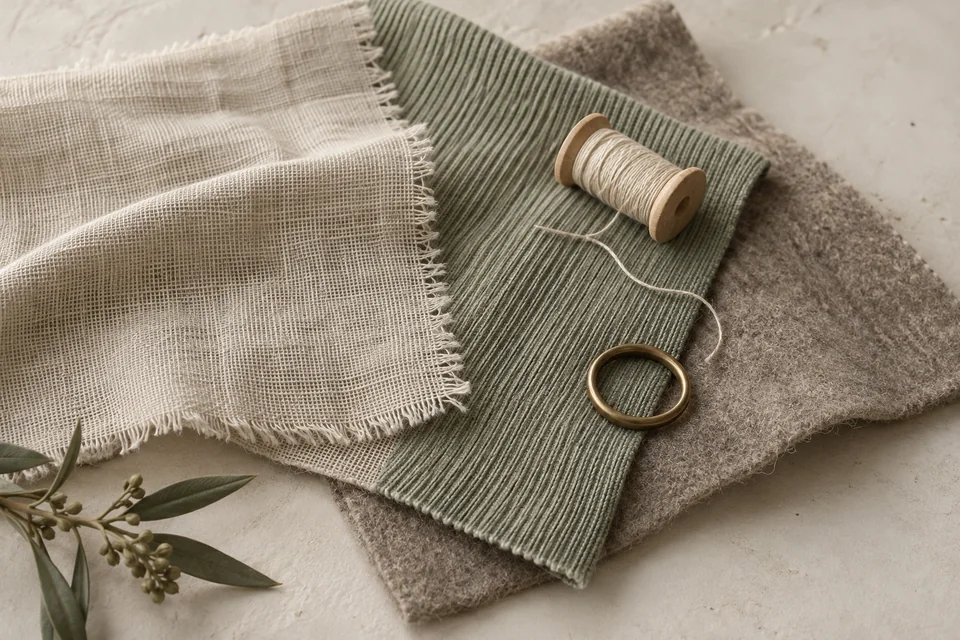 Textile swatches, a thread spool and a metal ring
