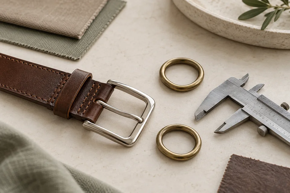 Leather belt stitching, metal trims and measuring tools