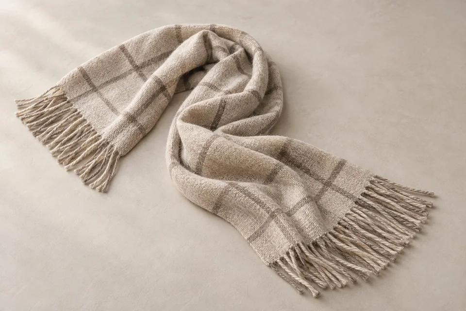 Oatmeal checked scarf with fringed edges