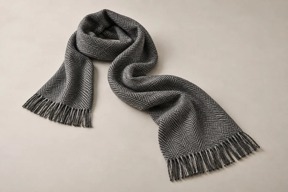 Gray herringbone scarf with fringe
