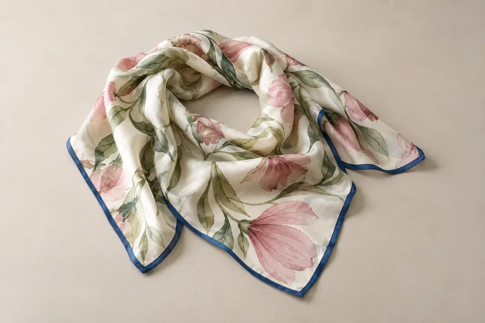 Ivory square scarf with green leaves and pink petals