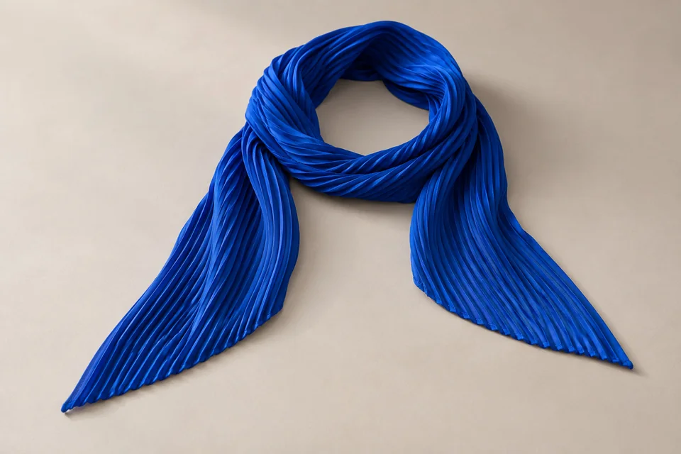 Luminous cobalt blue finely pleated neck scarf