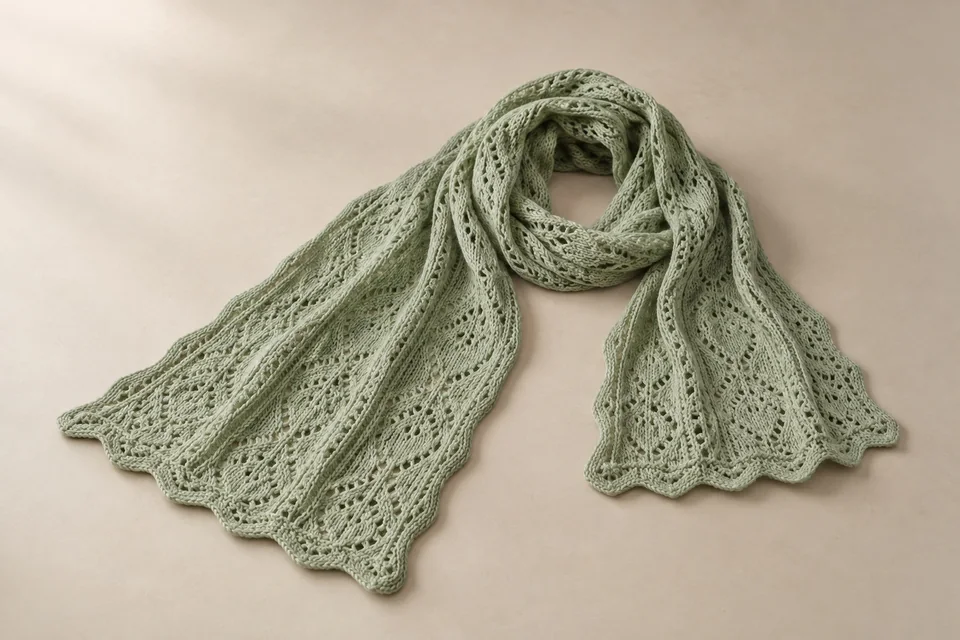 Pale sage openwork knitted scarf