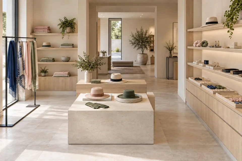 AI showroom concept with pale oak displays and a coordinated selection of scarves, hats, gloves and small accessories