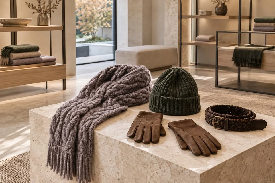 AI autumn and winter accessories display with textured knitwear, brown leather gloves and a braided belt